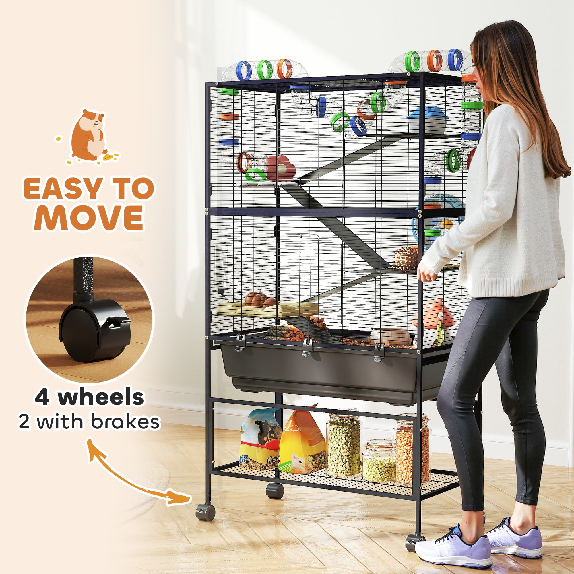 PawHut Hamster Cage, 5 Tier Rolling Rat Cage with Deep Tray, Storage Shelf, Big Exercise Wheel, Hut, Tube System, for Syrian, Gerbil, Mouse