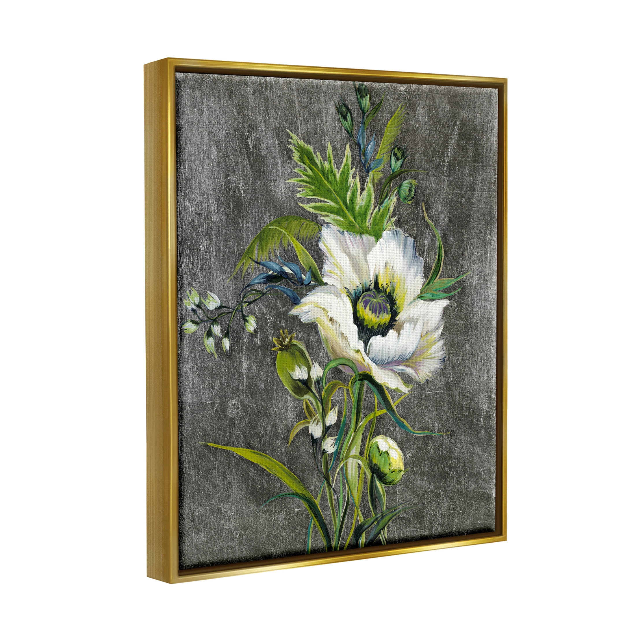 Stupell Industries Detailed Flower Buds Bloom Graphic Art Metallic Gold Floating Framed Canvas Print Wall Art, Design by Liz Jardine