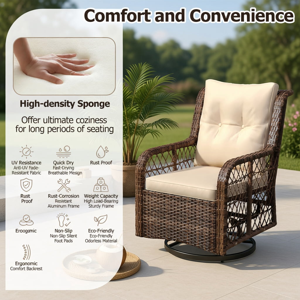 Hommoo 3-Piece PE Wicker Patio Furniture Set, Swivel Glider Chairs with 2-Tier Tempered Glass Side Table & All-Weather Cushions, Rattan Outdoor Seating for Porch, Backyard, Garden, Brown