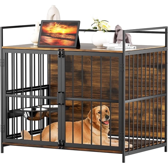Wooden Dog Crate Furniture for Large Dogs, 41" Super Sturdy Indoor Dog Kennel with Adjustable Feeder & Extra Storage, Heavy Steel Tube Structure for Large Dogs