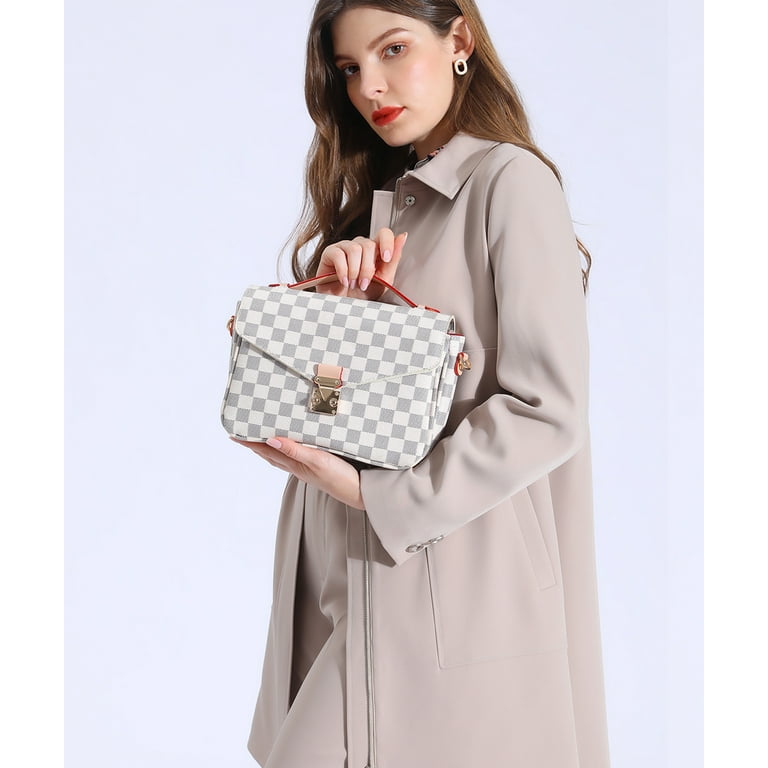 White Checkered Tote Shoulder Bags With Inner Pouch,PU Vegan