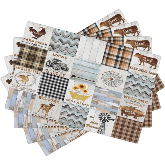 Farm Animal Kitchen Placemats Vintage Rustic Old Plank Lattice Tractor Windmill Sunflower Cow Rooster Goat Farmhouse Cottage Placemats Table Dining Party 12x18 Inch Set of 4