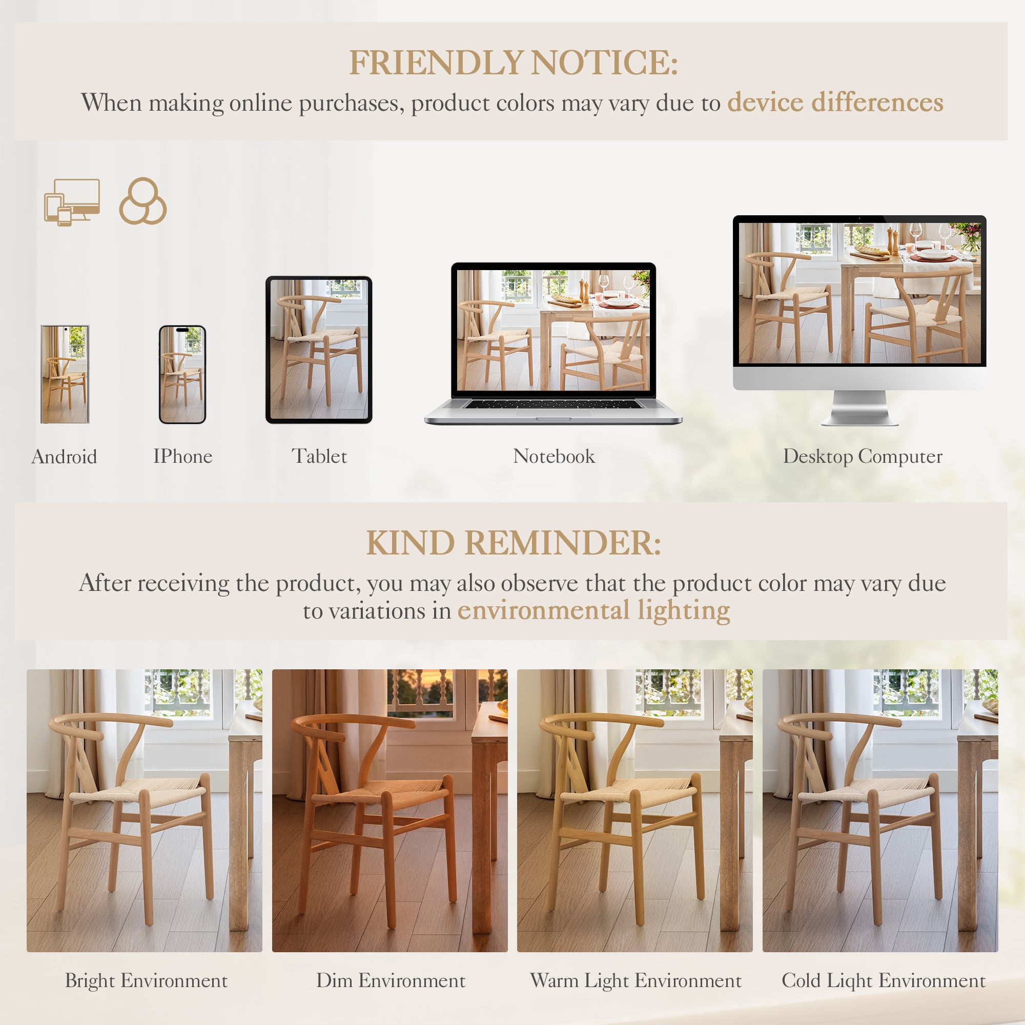 DYCANPO Wood Dining Chairs Set of 4, Mid Century Modern Y-Shaped Backrest, Fully Assembled, Natural