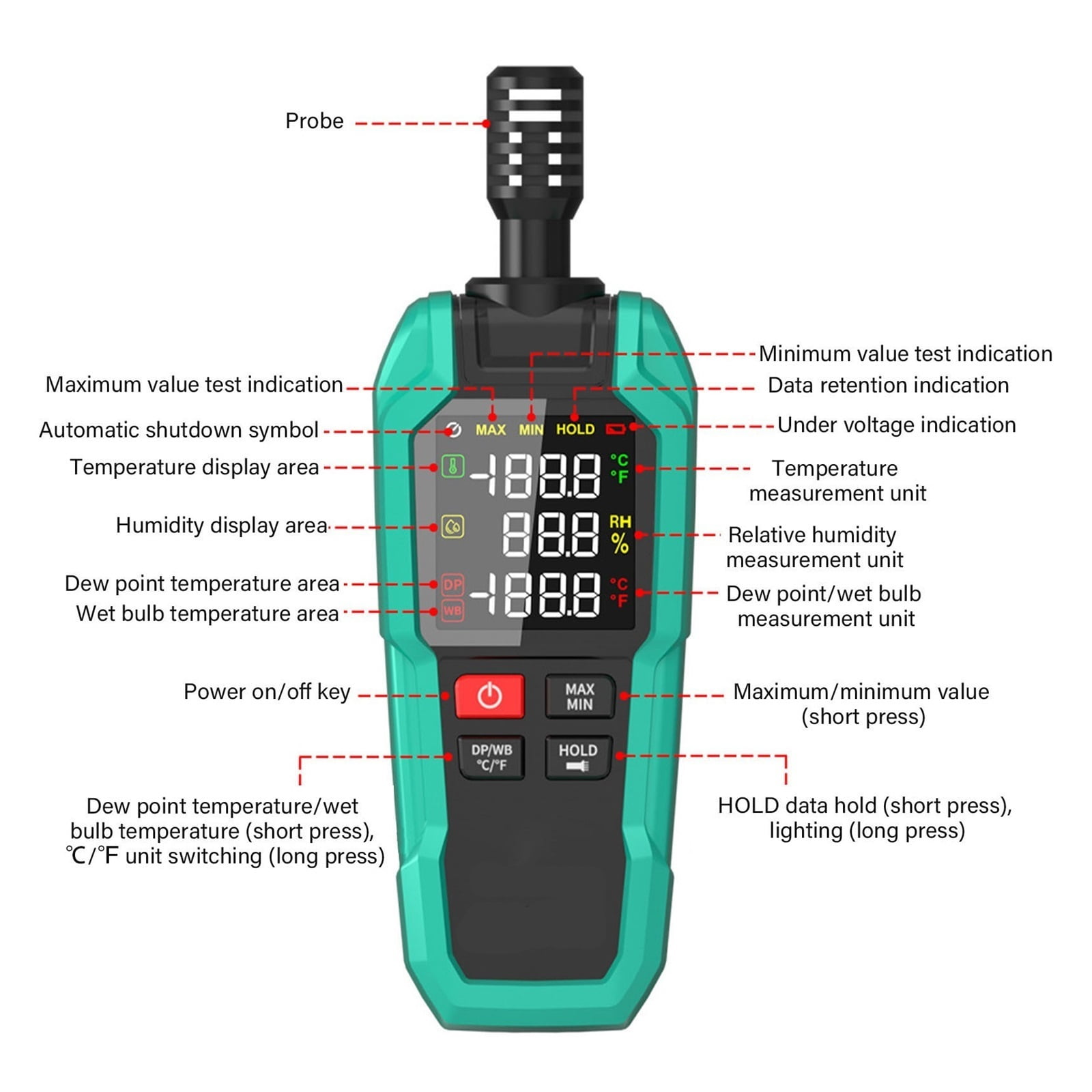 Handheld Temperature Humidity Meter Thermo Hygrometer High Sensitivity Ambient Dew Point Wet Bulb ,Fast Response