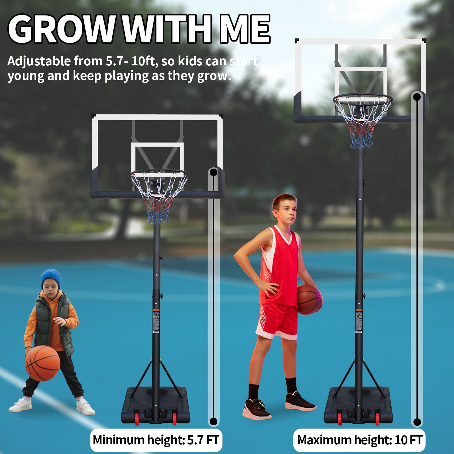 Basketball Hoop Use for Outdoor Height Adjustable 5.7 to 10ft Basketball Hoop 44 Inch Backboard Portable Basketball Goal System with Stable Base and Wheels,Basketball Goal