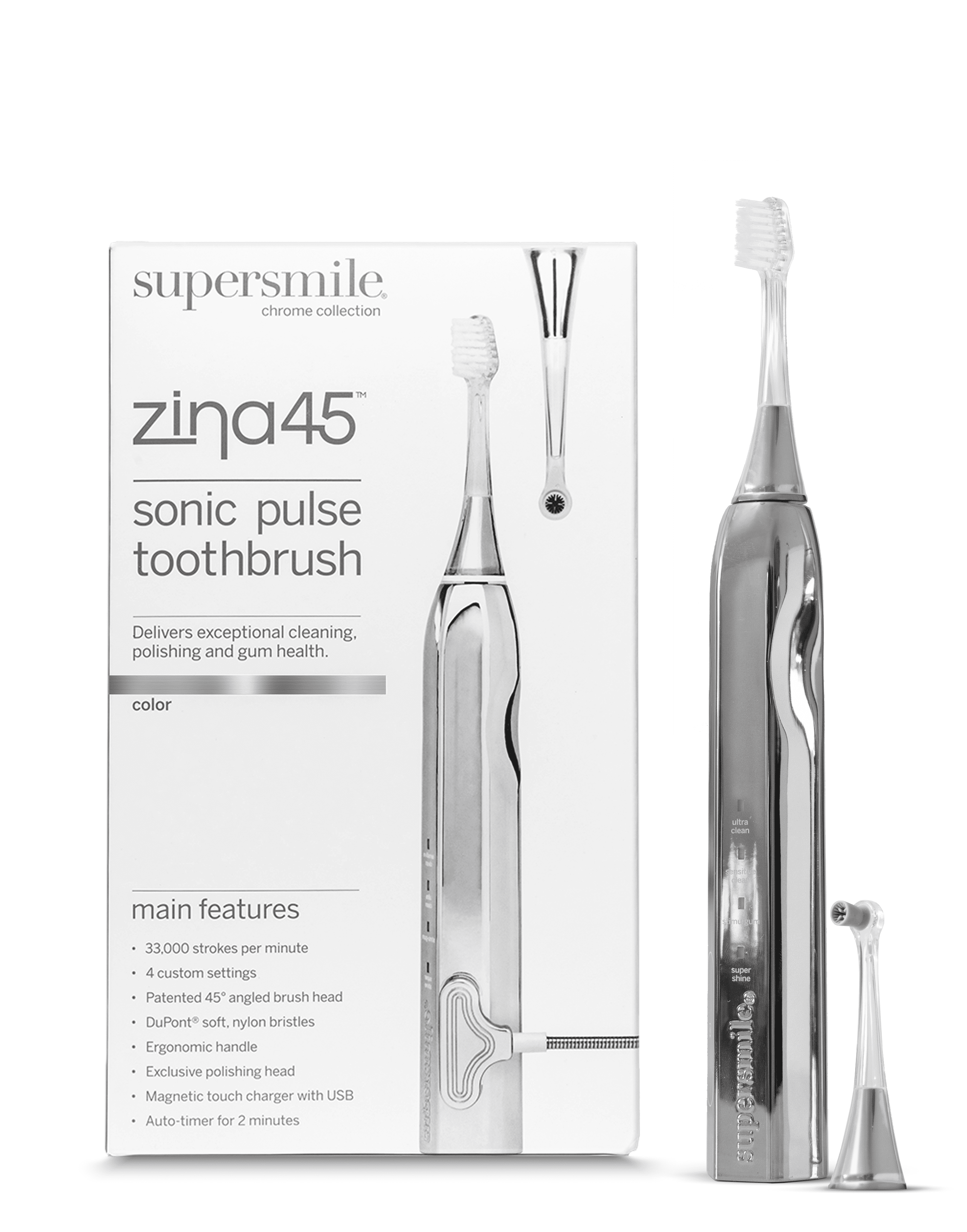 Supersmile Zina45 Sonic Pulse Electric Toothbrush - Rechargeable Whitening Toothbrush w/Polishing Head - 4 Cleaning Modes, Silver