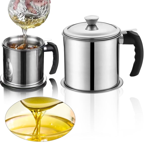 1.8L Stainless Steel Oil Container with Filter, Kitchen Grease Storage Pot with Lid and Mesh Strainer, Heat-Resistant Handle, for Frying Oil and Cooking Oil Storage, Dishwasher Safe, Silver, 1 Count