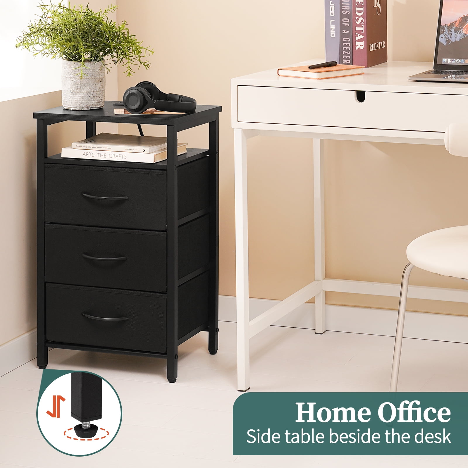 Night Stand with Charging Station, LED Nightstand with USB Ports and Outlets, End Table with Fabric Drawers and Storage Shelf, Black