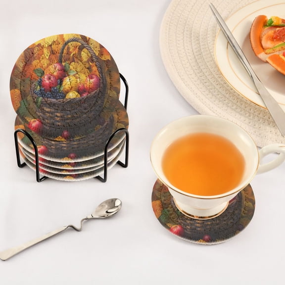 BZSMCE 6Pcs Drink Coasters With Holder 3.94Inch Basket Of Fruits Autumn Creative Coil Coaster Coasters Colors Absorbent Coasters for Drinks Coasters Set Thicken Heat for Home Table