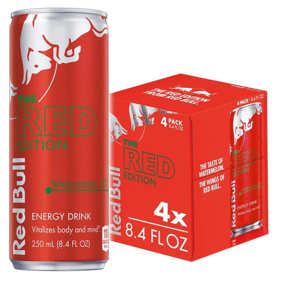 Red Bull Red Edition Energy Drink, Watermelon, 80mg Caffeine, 8.4 fl. oz., Pack of 4 Cans