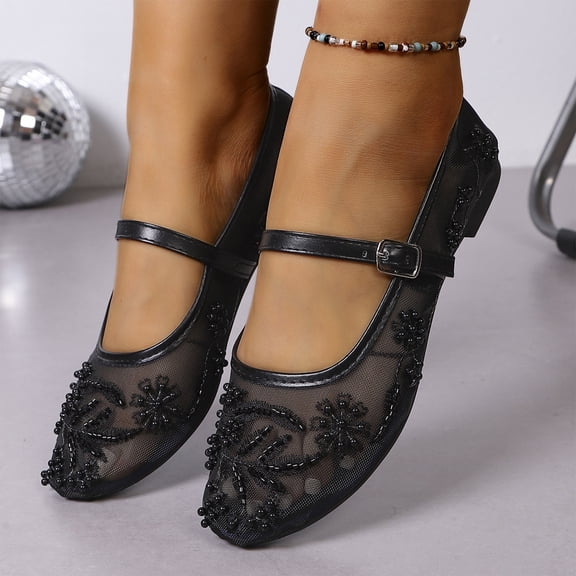Norvail Womens Pearl Embroidered Mesh Lace Low Cut Ballet Shoes, Breathable Slip On Casual Flats for Garden Party Bridal Shower Summer Daily Wear