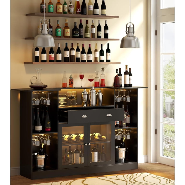 Loomie Bar Table Cabinet with LED & Drawer, Mini Liquor Bar with 8