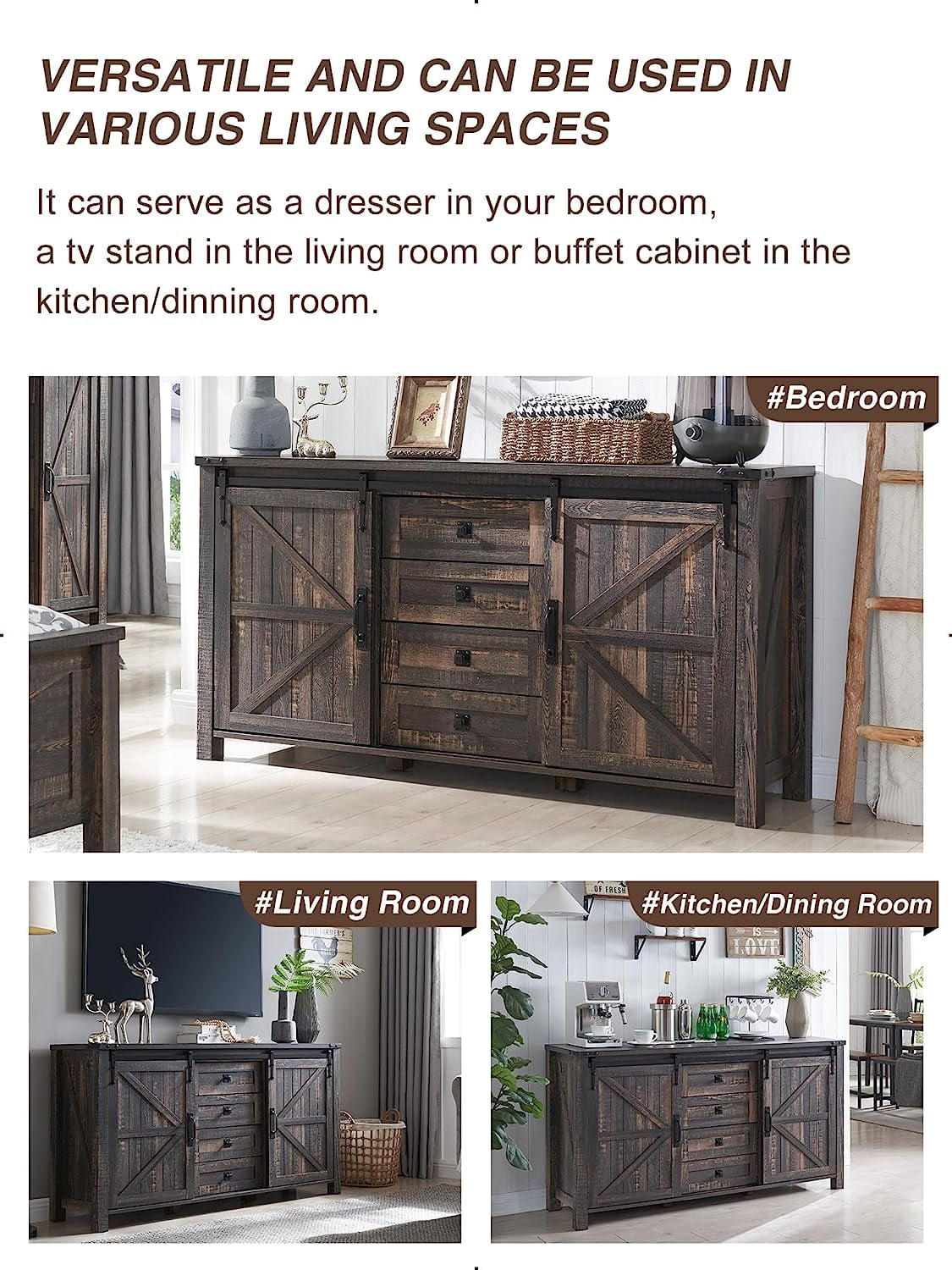 OKD 60" Farmhouse Dresser 4 Drawer Modern Storage Cabinet with Sliding Barn Door for Bedroom, Chest of Drawers Wood Organizer TV Stand for Living Room, Dark Rustic Oak
