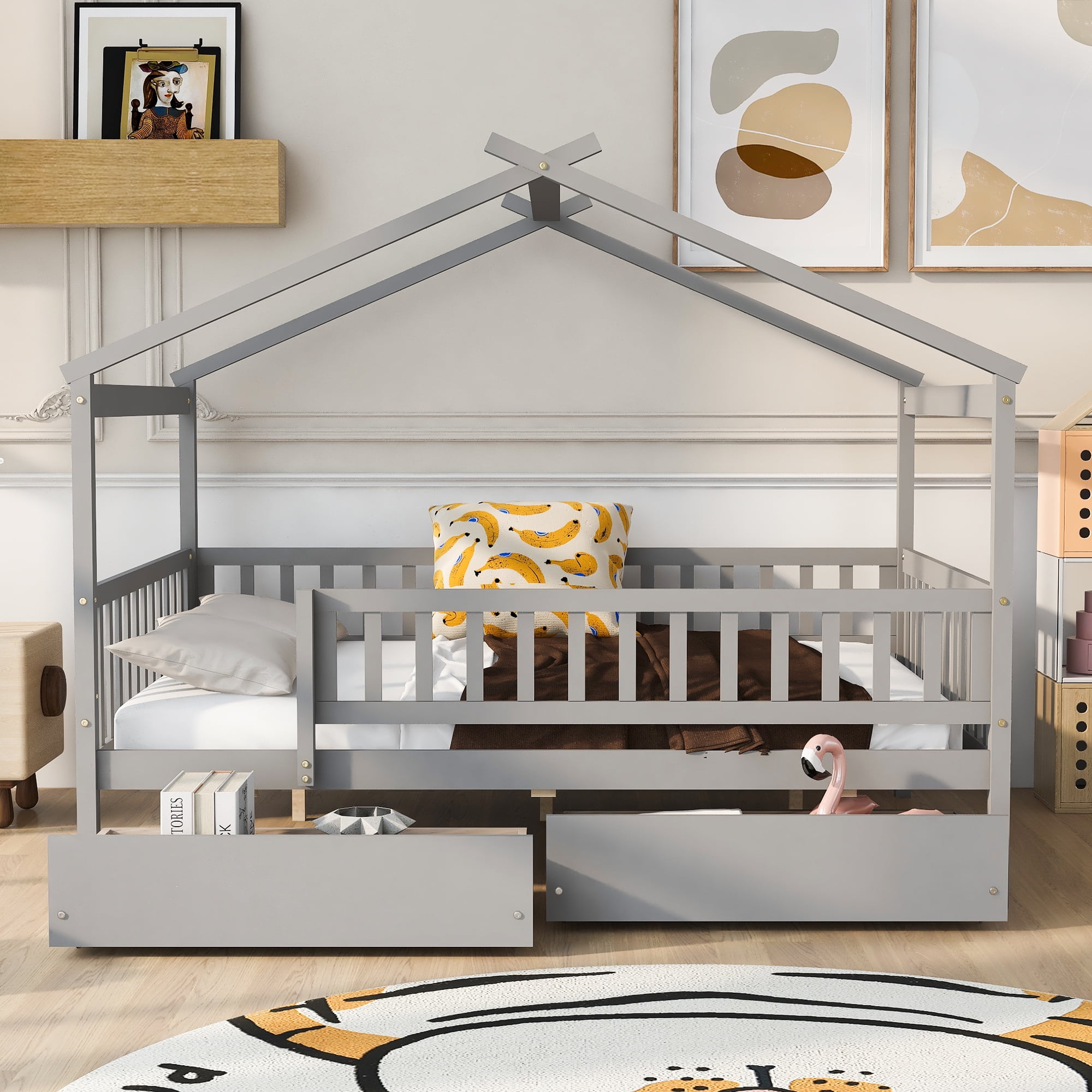 Bellemave Full Size House Bed with Storage Drawers Playhouse Platform Bed Wooden House-shaped Bed Frame with Fence Guardrail and Roof (Full size, Gray)