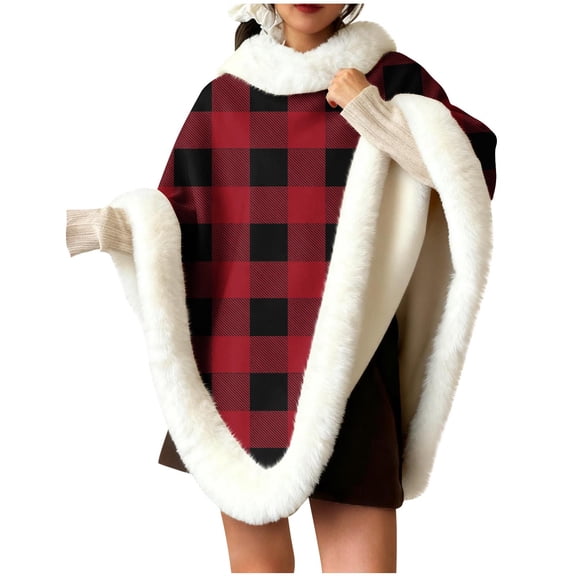 jobturf Christmas Plaid Shirts for Women Xmas Fashion Faux Furs Trim Long Sleeve Tops Winter Fleece Lined Warm Mock Neck Sweatshirts Festival Outfits Size Free Size