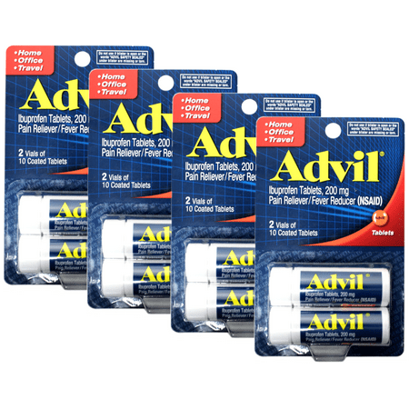 Advil Coated Tablets Pain Reliever and Fever Reducer, Ibuprofen 200mg, 2 x 10 Count Vials Travel Size Pack of 4 (8 vials total)