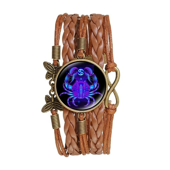 PAMTIER Women's PU Leather Vintage Butterfly 12 Constellation Braided Adjustable Bracelet Cancer