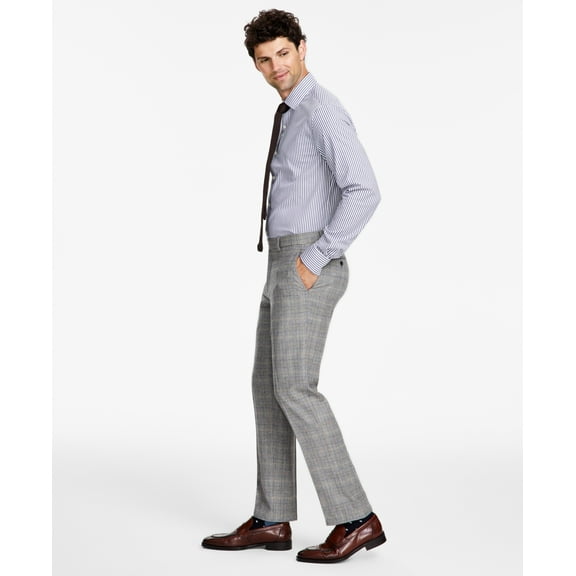Tommy Hilfiger Mens Modern Fit Stretch Wool Dress Pants Grey Camel Plaid 38 x 30