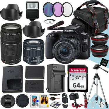 Canon EOS 250D / Rebel SL3 DSLR Camera With EF-S 18-55mm f/4-5.6 IS STM And EF 75-300mm f/4-5.6 III Lens   64 GB Memory   Extra Battery   Battery Charger   Filters   Tripod   More (34pc Bundle)