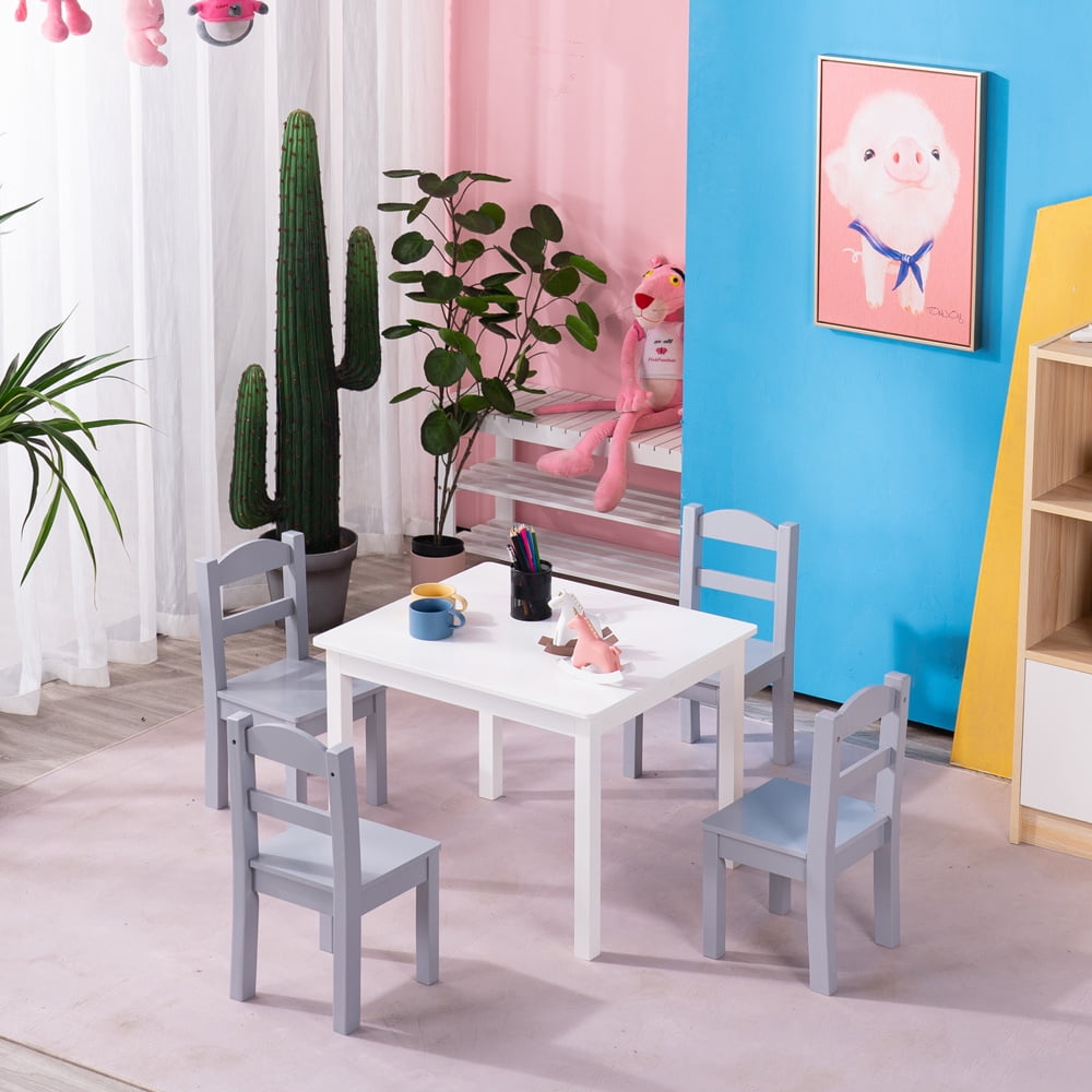 Kepooman 1 Table and 4 Chairs Multi Kids Activity Table Set, Children's Table and Chair Set for Toddlers Activity, White & Gray