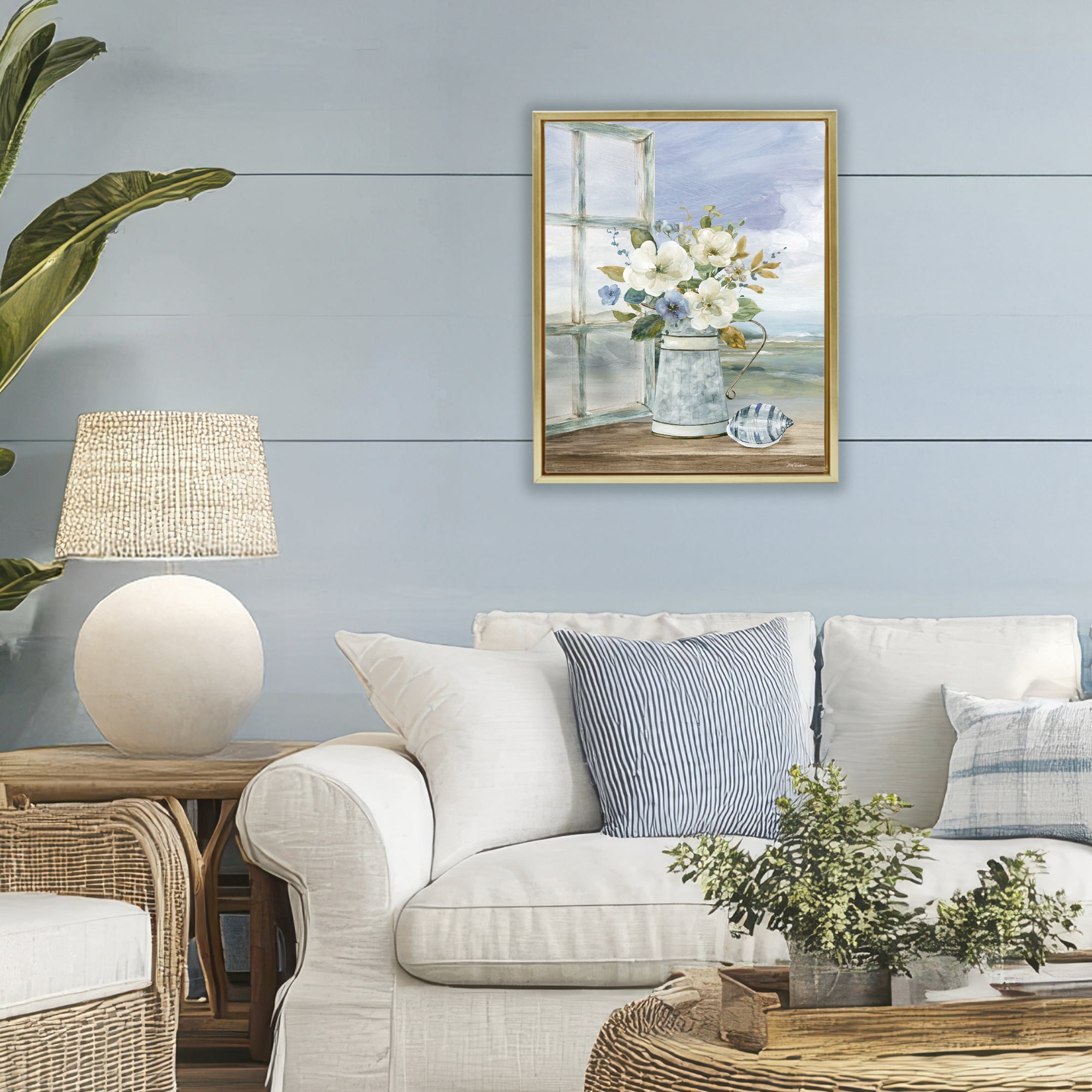 Stupell Industries Seaside Floral Bouquet Window Gold Framed Floater Canvas Wall Art, design by Carol Robinson
