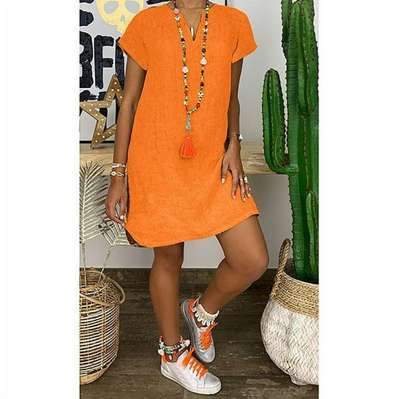 JUNWELL Summer loose solid color short sleeved V-neck cotton linen dress Women‘s stock dress
