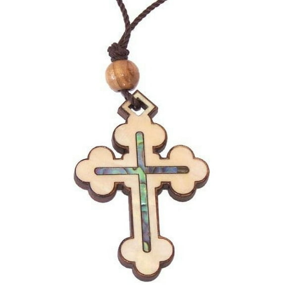 Byzantine- Orthodox Olive wood Cross with Mother of Pearls (60cm / 23.5 inches, Cross is 5cm or 2 inches)