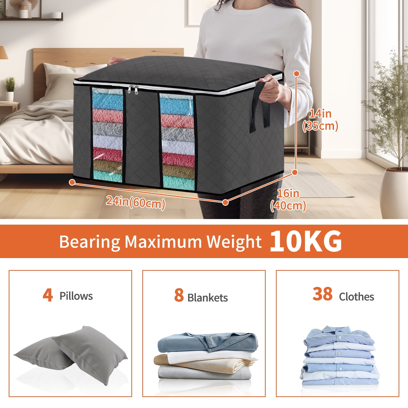 6 Pack Clothes Storage Bags Organizers, Large Closet Storage Bags with Reinforced Handle, Foldable Clothes Storage Bags Closet Organizers, Blanket Storage Bags for Bedding, Clothes-Gray