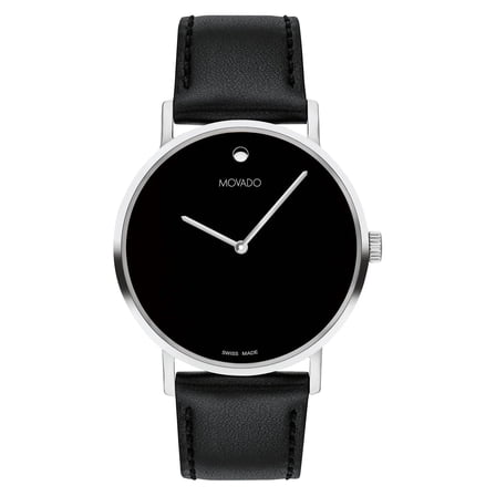Movado Signature Museum 0607589 Black Dial Black Leather 40MM Silver Case Strap Men's Watch