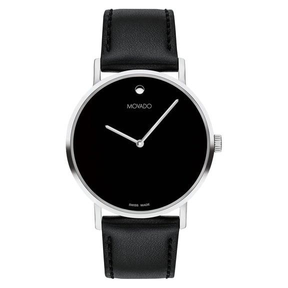 Movado Signature Museum 0607589 Black Dial Black Leather 40MM Silver Case Strap Men's Watch