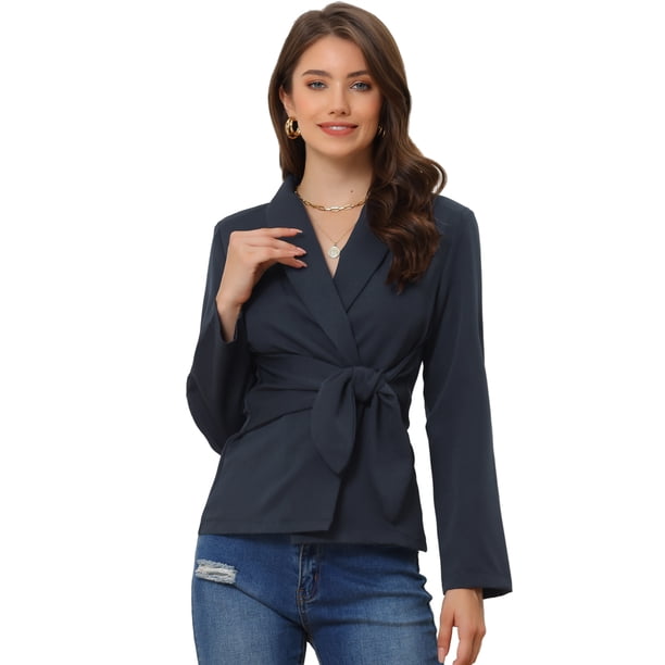 Blusa Elegante de Manga Larga con Solapa para Mujer Azul marino S