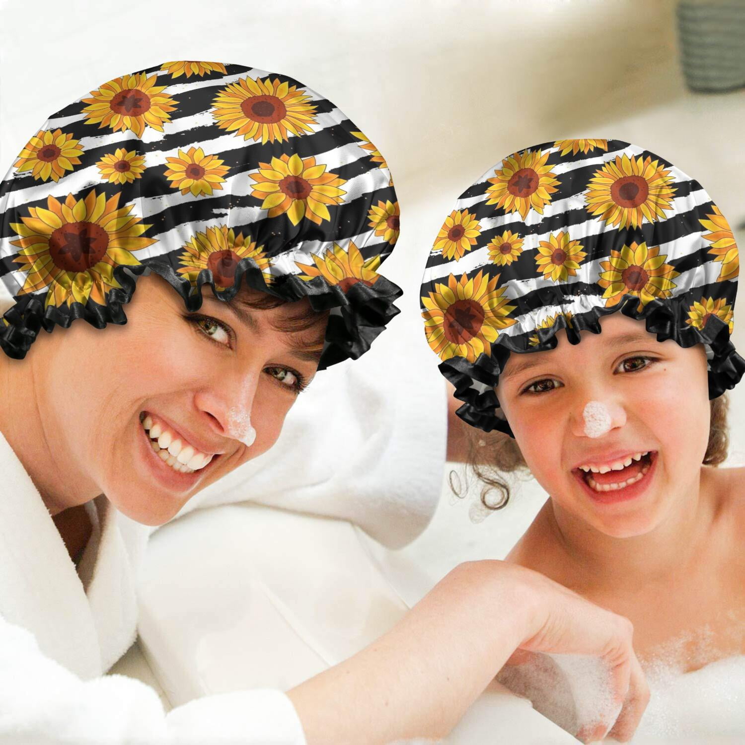 Shower Caps,Black White Striped Sunflower Pattern Waterproof Shower Cap for Women 4 Pieces,Double Reusable Hair Cover for Shower PEVA Elastic Stretch Hem