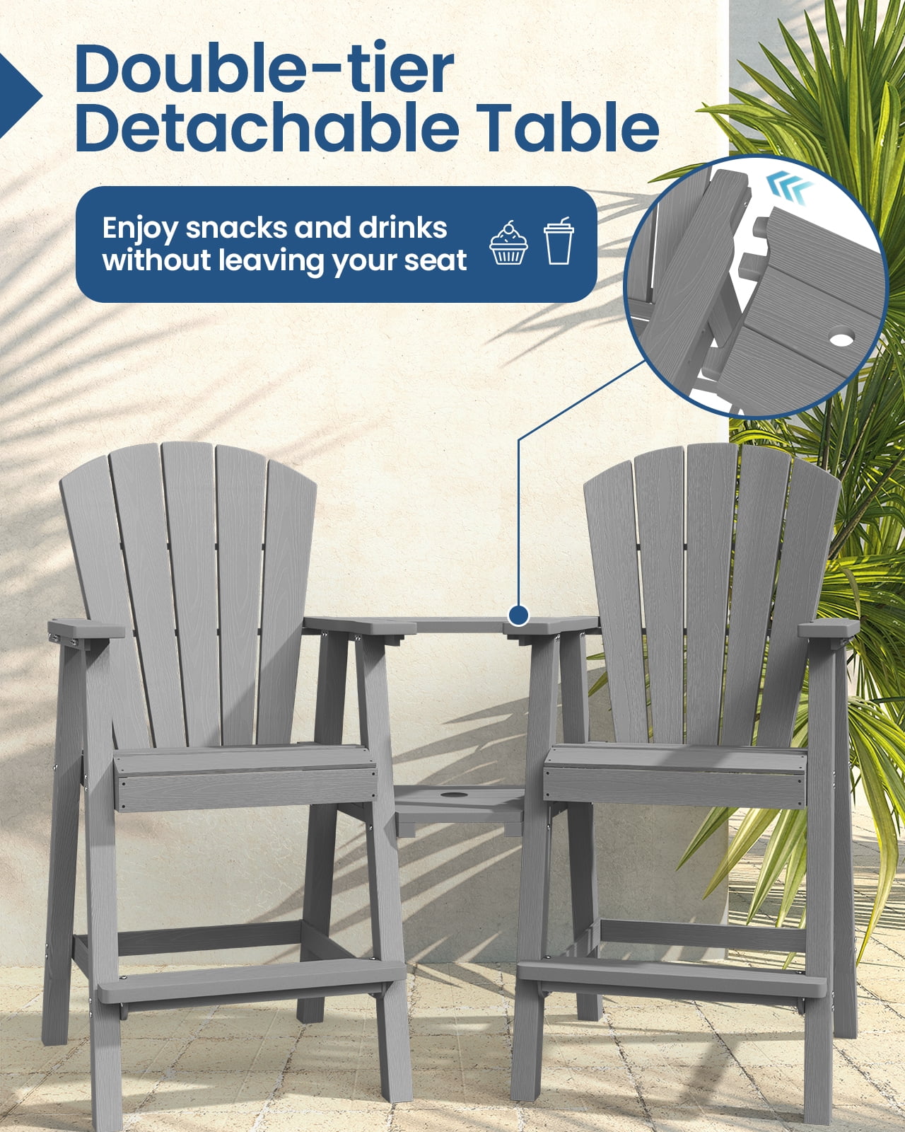 CIOKEA Tall Adirondack Chair Set of 2, All Weather HDPE Patio Chairs with Double Removable Connecting Trays for Balcony, Deck, Backyard, Patio, Garden, Gray