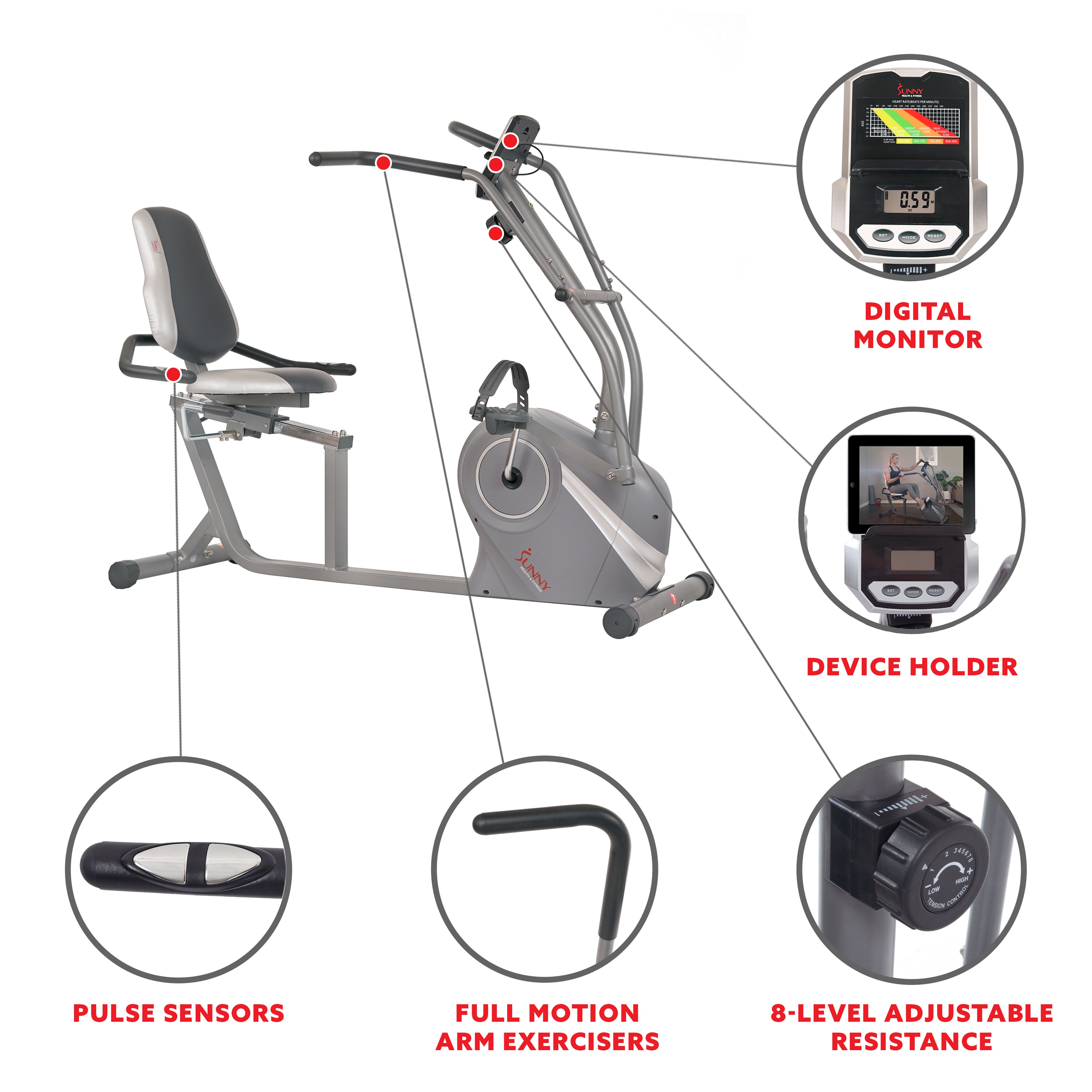 Sunny Health & Fitness Cross Trainer Magnetic Recumbent Bike with Arm Exercisers - SF-RB4936 - image 4 of 11
