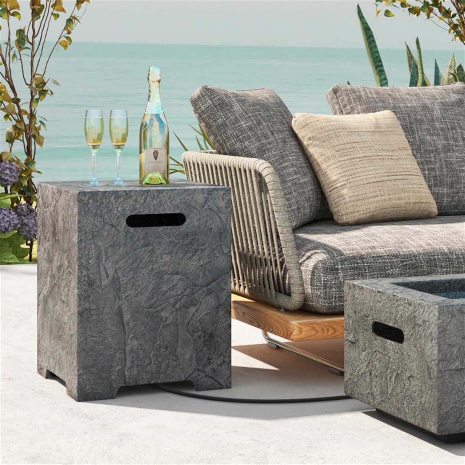 Demi Bonn Propane Tank Cover Table with Hideaway Tank Holder and Lava Rocks, 50 000 BTU Fire Pit Table Set, Gray