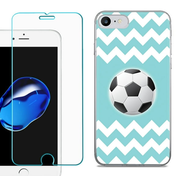 For Apple iPhone SE 2020 Case, Slim-Fit TPU Phone Case, with Tempered Glass Screen Protector, by OneToughShield ® - Chevron/Teal/Soccer