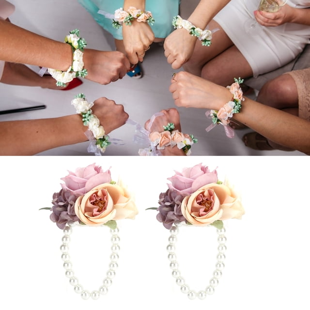 2Pcs Faux Pearl Wrist Flower Set Wedding Bracelet Artificial Floral Accessory for Bride Mother Day