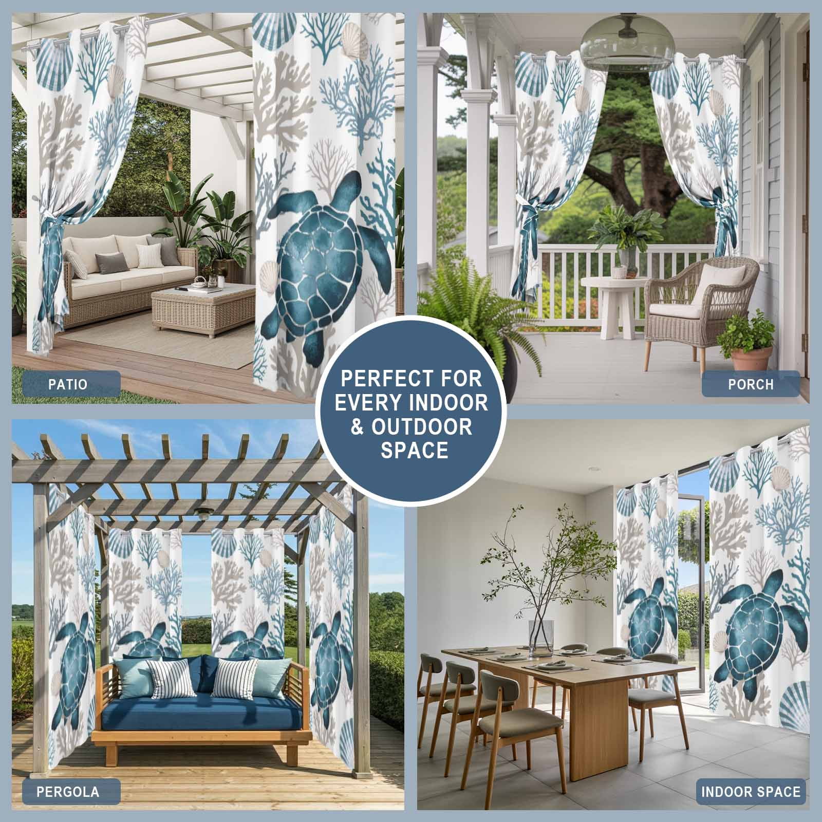 Coastal Sea Turtle Outdoor Curtains for Patio, Blue Gray Shell Coral Ocean Summer Sunshade Privacy Drapes Grommet Waterproof Outside Curtains for Porch/Cabana/Balcony 54"x 108", 2 Panel