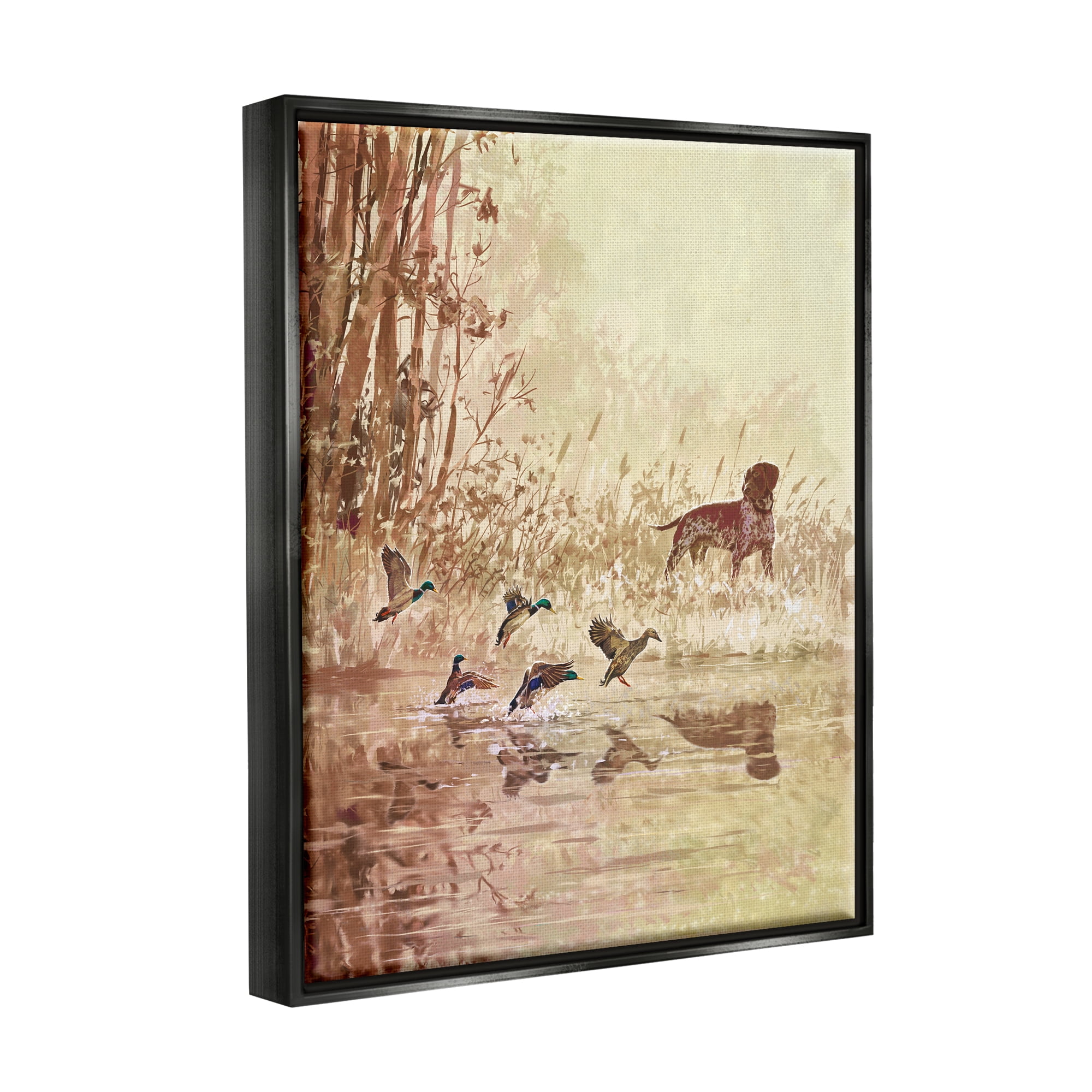 Stupell Pointer Dog & Ducks Lake Nature Animals & Insects Painting Black Floater Framed Art Print Wall Art