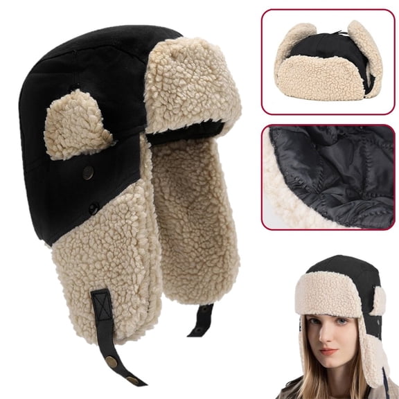 KANCOKIT Unisex Winter Trapper Hat with Ear Flaps, Warm Winter Russian Aviator Ushanka Ski Cap for Men Women, Black