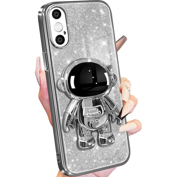For iPhone X/XS Case Astronaut, Clear Cases for iPhone X/XS with Glitter Paper & Spaceman Stand, Women Girls Cute Electroplated Sparkly Space Phone Cover for X/XS Silver