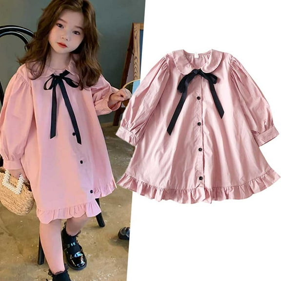 URMAGIC Baby Girls Long Sleeve Ribbon Casual Dress for Toddler Little Kids Pleated Princess Dresses
