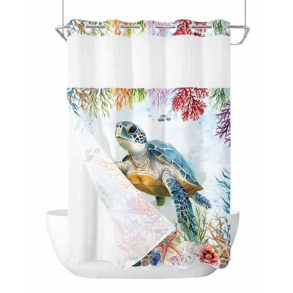 No Hook Cloth Fabric Shower Curtain with Snap in Liner, Sea Turtle Coastal Waterproof Shower Curtains Set with See Through Top Window, Blue Nautical Summer Beach Ocean Bath Curtains Shower 60"x72"