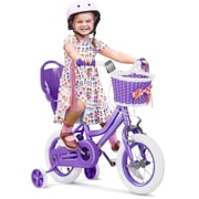 XJD 12 inch Kids Girls Bike for 3-12 Years Old Toddlers, Princess Children Bicycle with Training Wheels, Streamers, Basket, Doll Seat, Purple