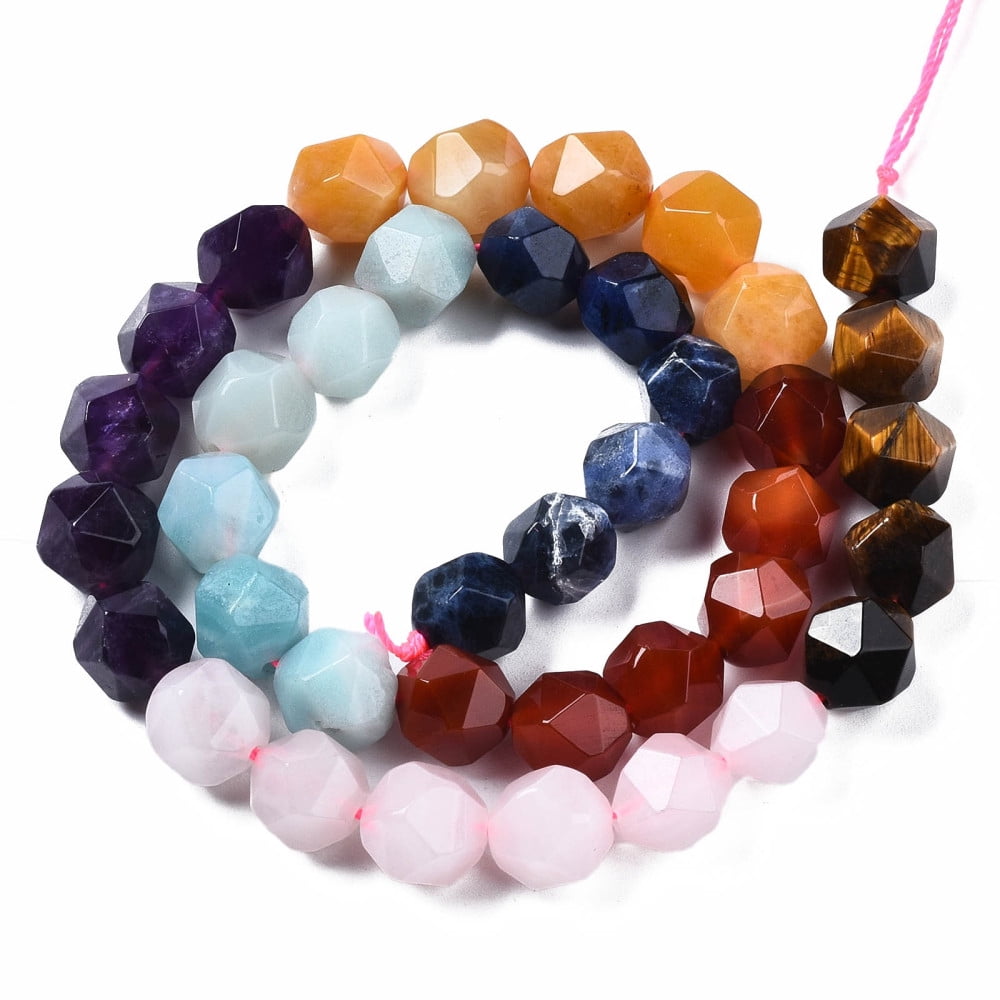 5 strand Theme Natural Tiger Eye Rose Quartz Amethyst Topaz Jade Red Agate Amazonite Sodalite Beads Strands Star Cut Round Beads Faceted 10x9~10mm Hole: 1mm 39pcs/strand 15.55 inch(39.5cm)