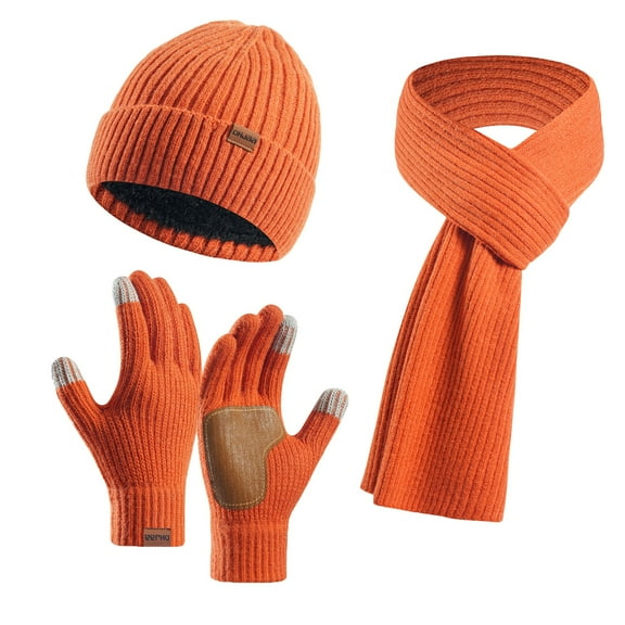 Womens Beanie Winter Hats 3 in 1 Knit Warm Hat Gloves and Scarf Set Women Scarves for Cold Weathe,Christmas Gifts for Lover(One Size,Saffron)