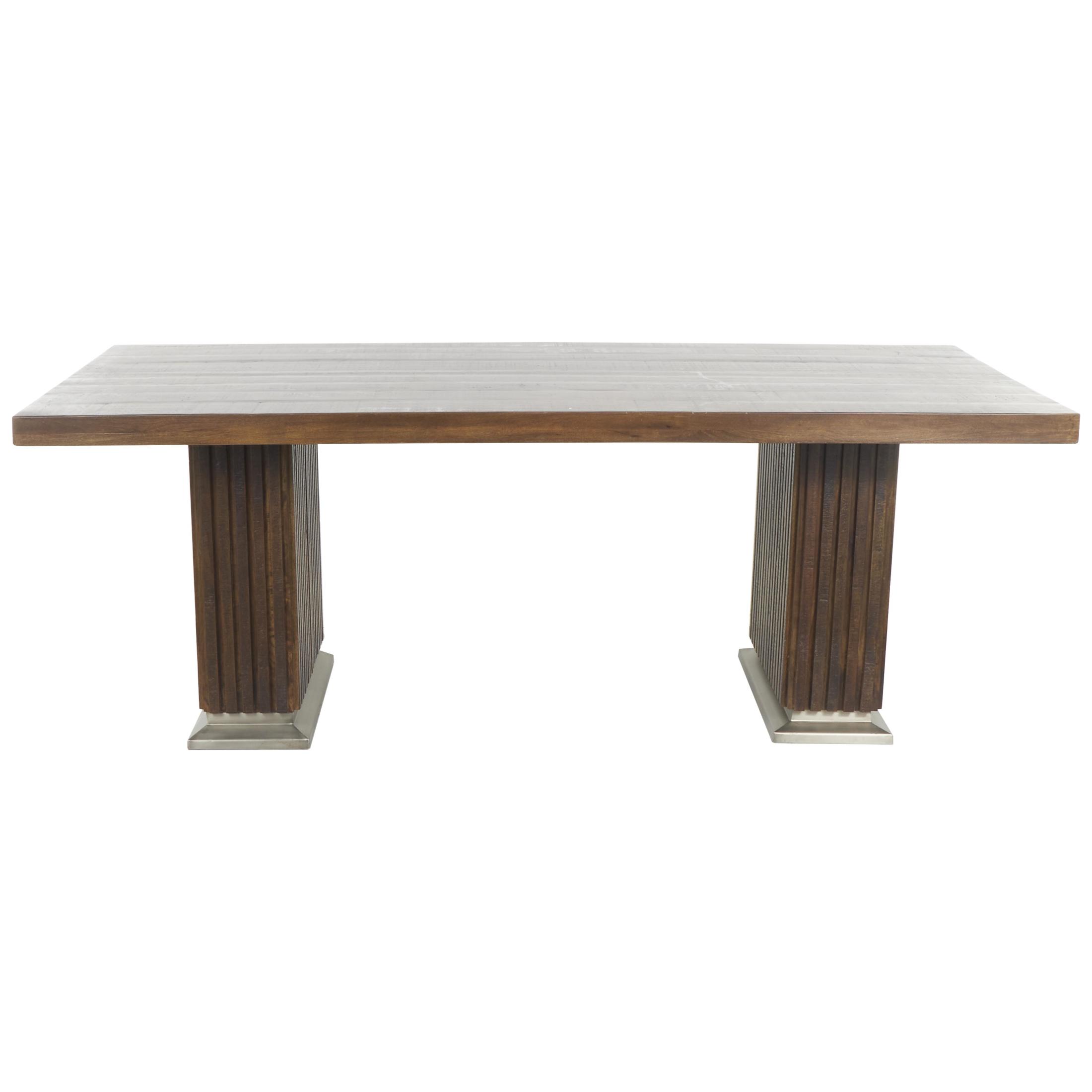 DecMode 84" x 30" Brown Mango Wood Mid Century Modern Dining Table with Ribbed Legs and Silver Bases, 1-Piece