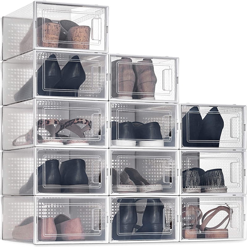 4Pcs Shoe Boxes Clear Plastic Stackable Storage Containers with Lids Drawer Type Shoe Box Organizer for Ladies and Men Collection Display Cabinet Space Saving,Clear