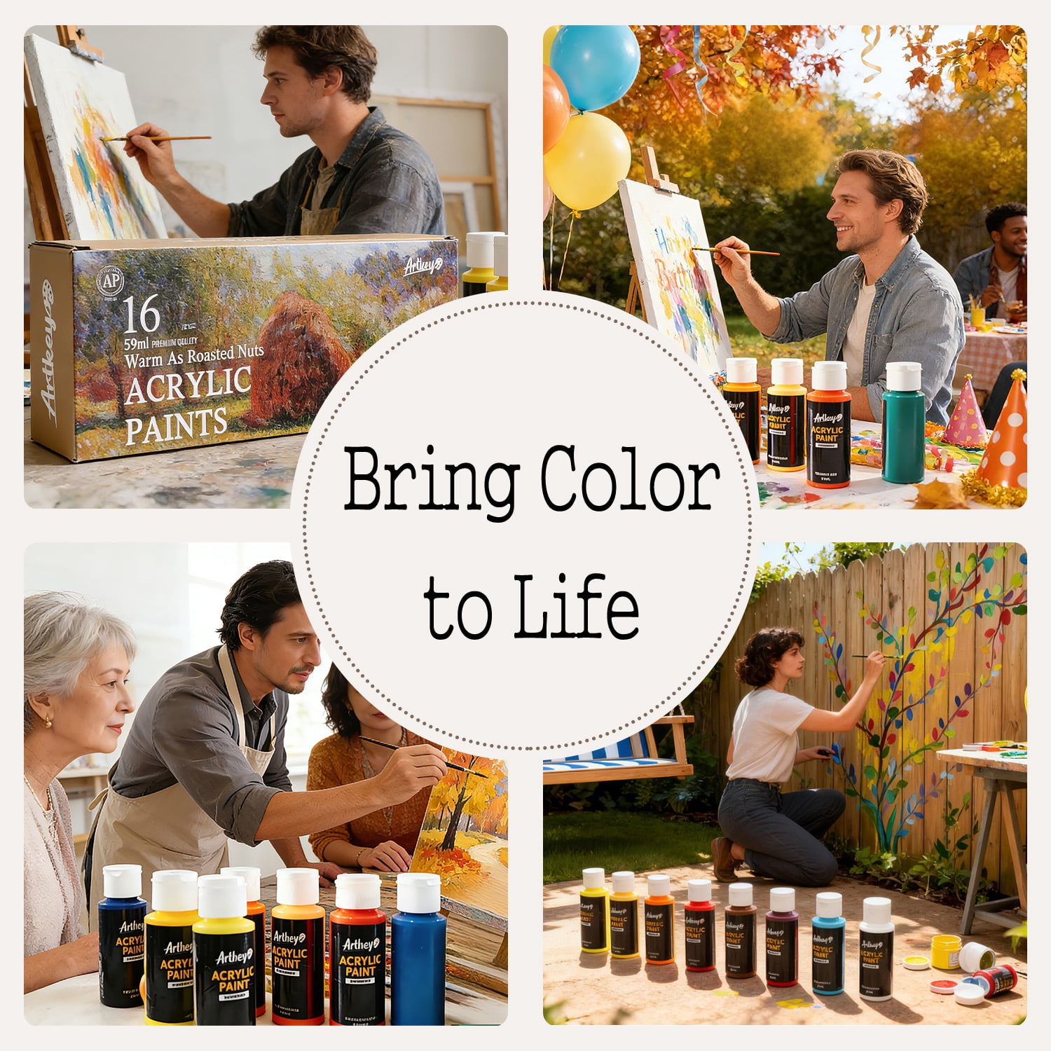 Artkey Acrylic Paint Set, 16 Colors 2 oz/59 ml Acrylic Paint Kit for Professional Artists & Beginners – Fall Warm
