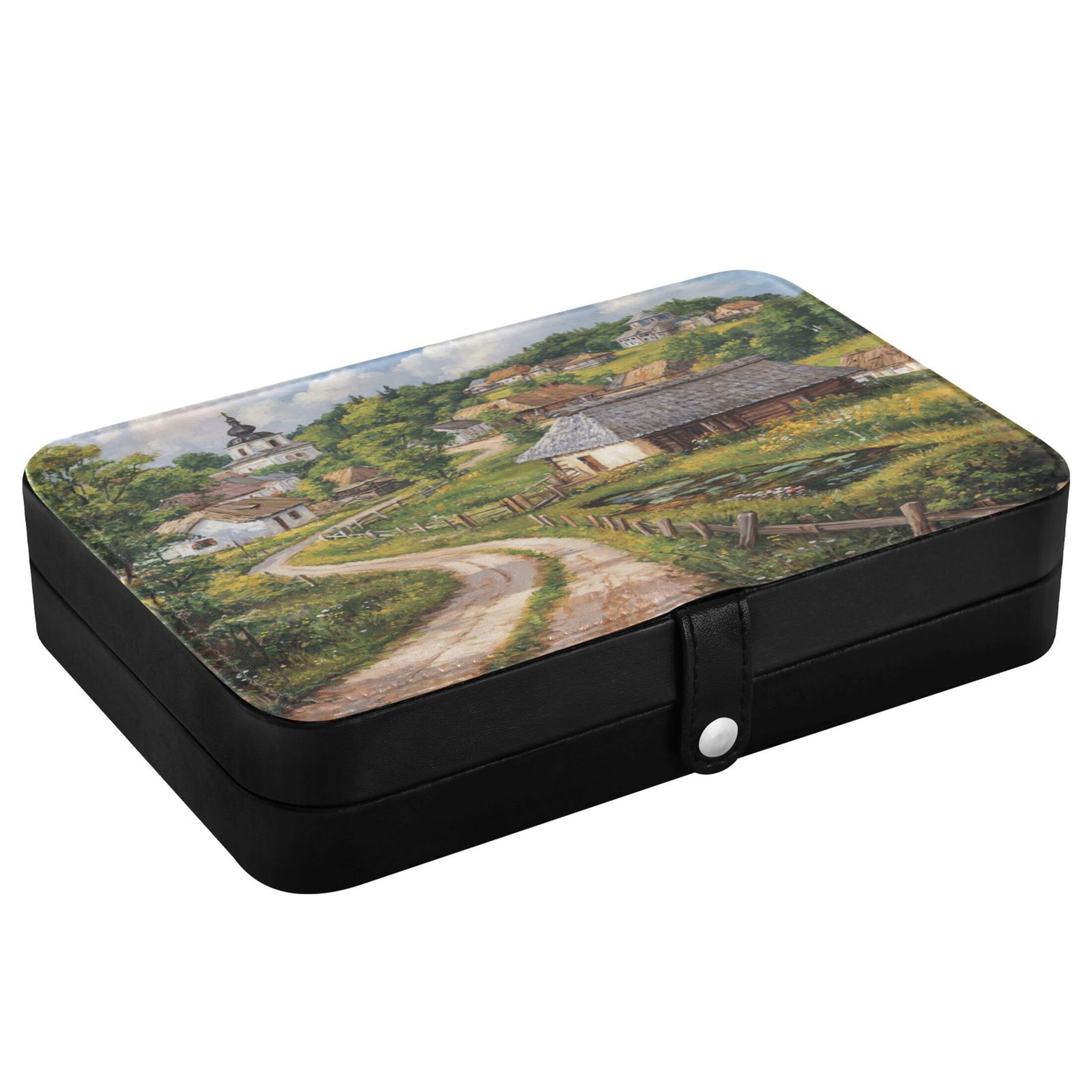 Leather Jewelry Box Rectangular 8.27x5.5x1.78In Travel Jewelry Storage Earrings Necklace Bracelet Watch Brooch Storage Cartoon Village